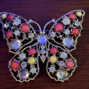 Butterfly Crystal Brooch - Pink, Yellow & Iridescent Stones